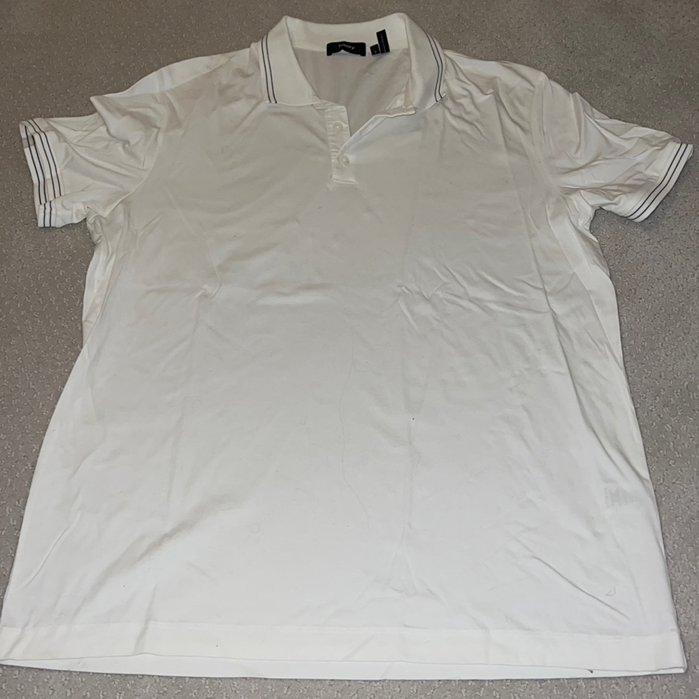 White means theory polo with striped collar and arm edge